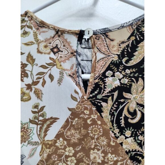 Kim & Cami Womens BOHO Sleeveless Top Small Black Brown Floral Smocked Blouse - Picture 8 of 9